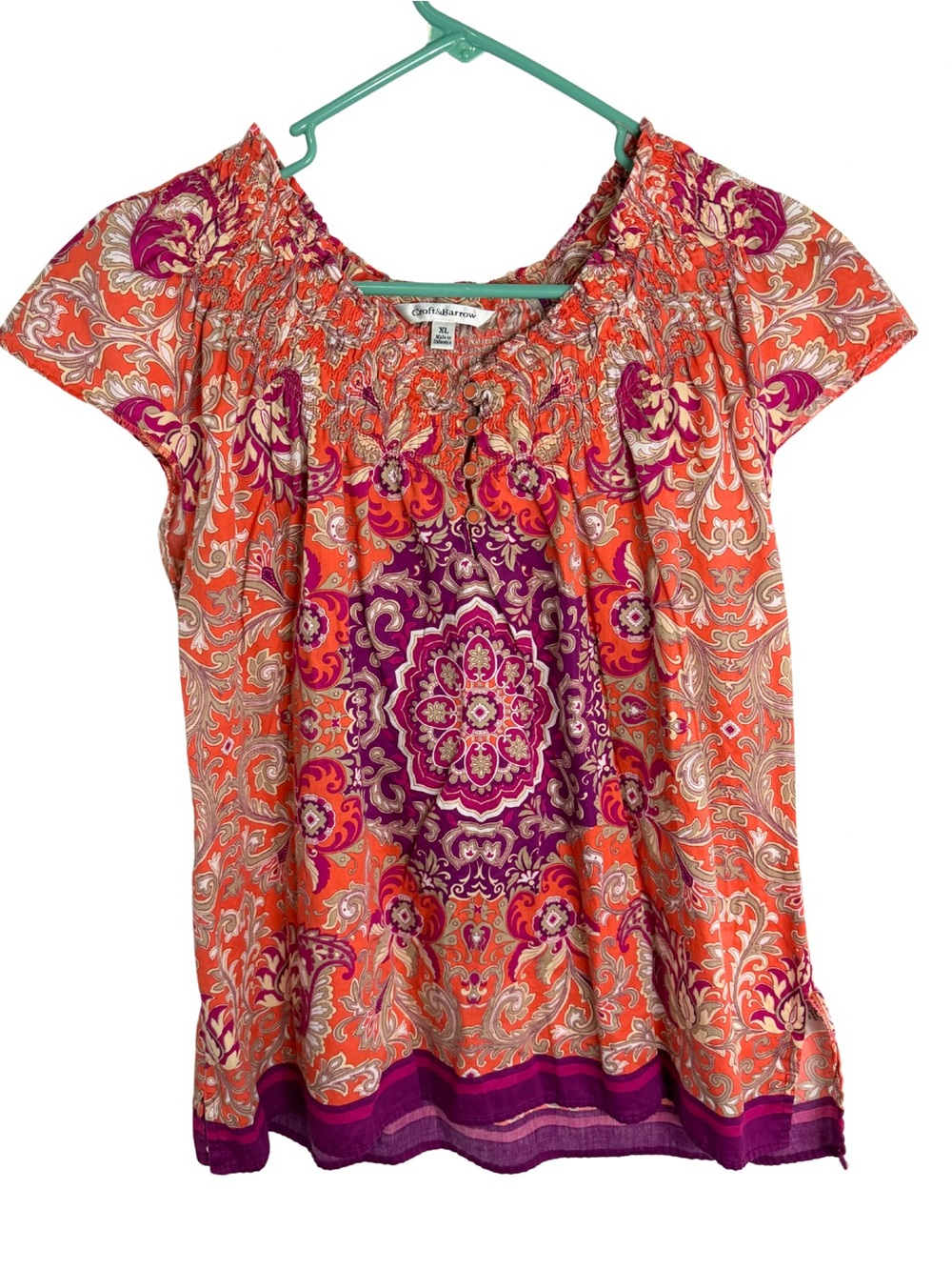 3/$20 Croft & Barrow Orange & Purple Smocked Neck Peasant Top Size XL